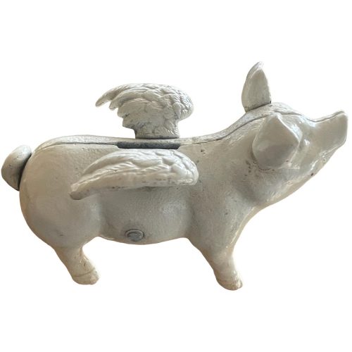 Cast Iron Flying Pig Bank White