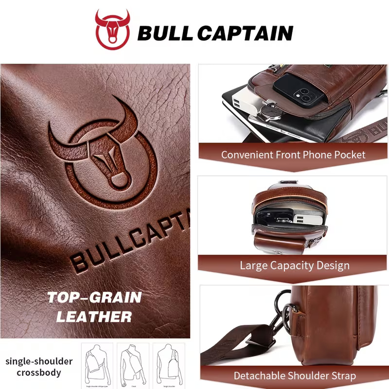 BULLCAPTAIN Genuine Leather Chest Shoulder Bag - Image 7